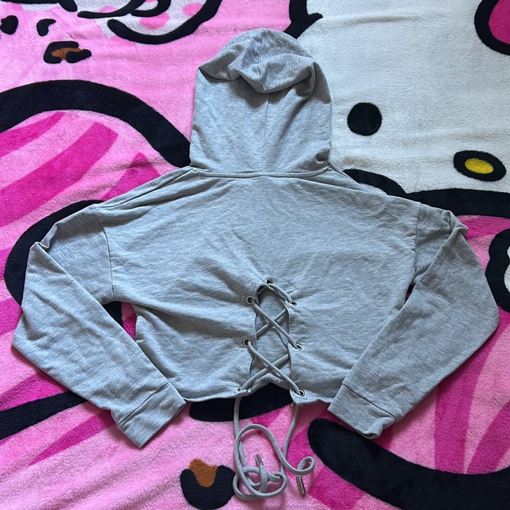 Grey Lace Up Back Cropped Hoodie